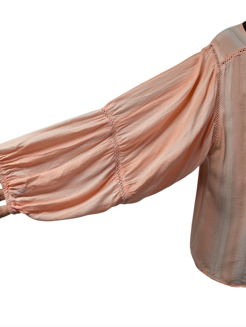 Ariat Women Peach Pink Striped Peasant Blouse Size XL Balloon Sleeve Tassel Lace - Picture 4 of 9